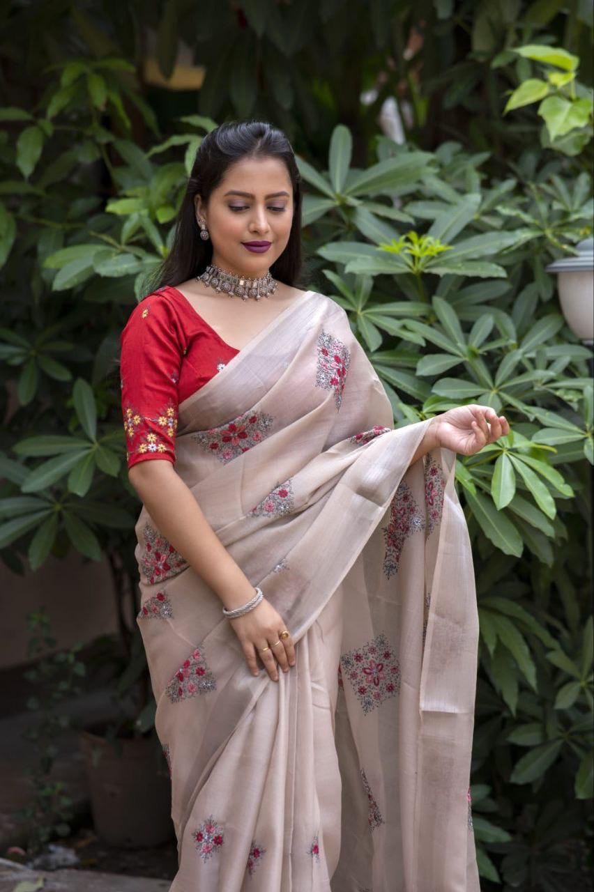 Fossil Pure Linen Ethnic Motifs Saree with Unstitched Blouse - A2M | Grocsy