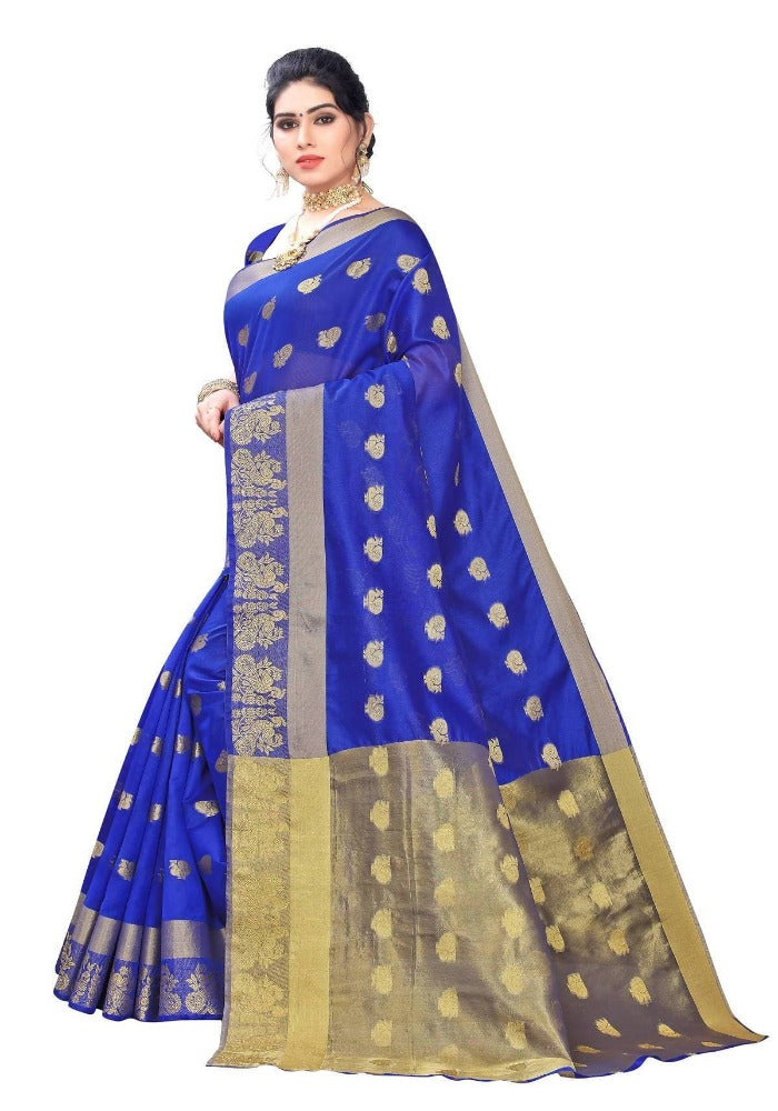 Vamika Banarasi Jacquard Weaving Blue With Gold Print Saree | Grocsy