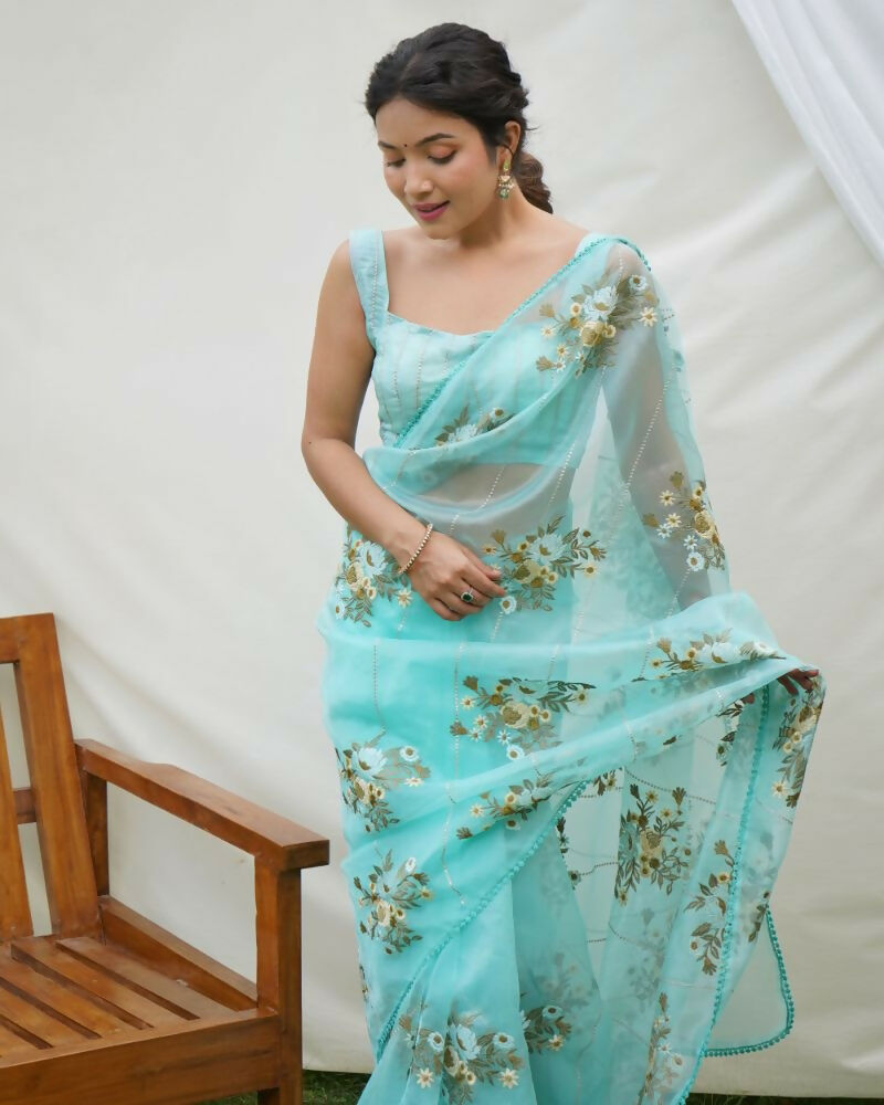 Vamsee Anamika Sky Organza Silk Saree | Grocsy