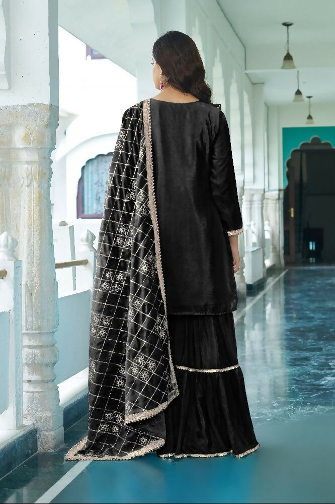 Teeya Creation Black Colour Chinnon Silk Heavy Embroidery Work Fully Stitched Salwar Suit | Grocsy