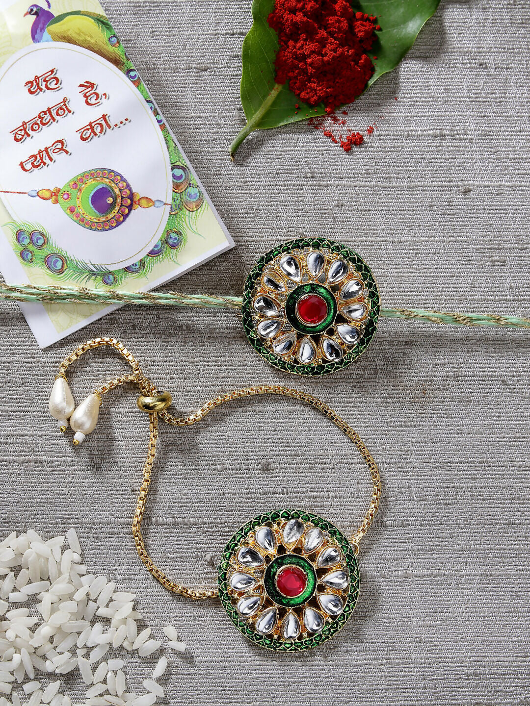 NVR Women & Men Set of 2 Gold Kundan-Studded Handcrafted Wraparound Rakhi Set With Roli Chawal & Chocolate | Grocsy