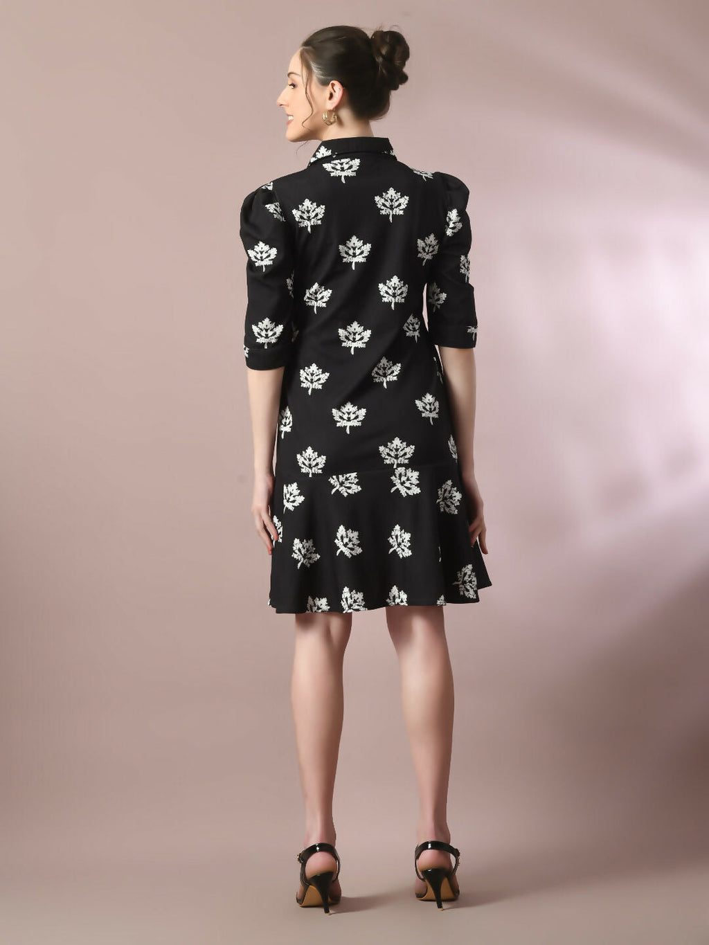 Myshka Women's Black Printed Shirt Collar Fit and Flare Party Dress | Grocsy