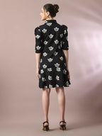 Myshka Women's Black Printed Shirt Collar Fit and Flare Party Dress | Grocsy