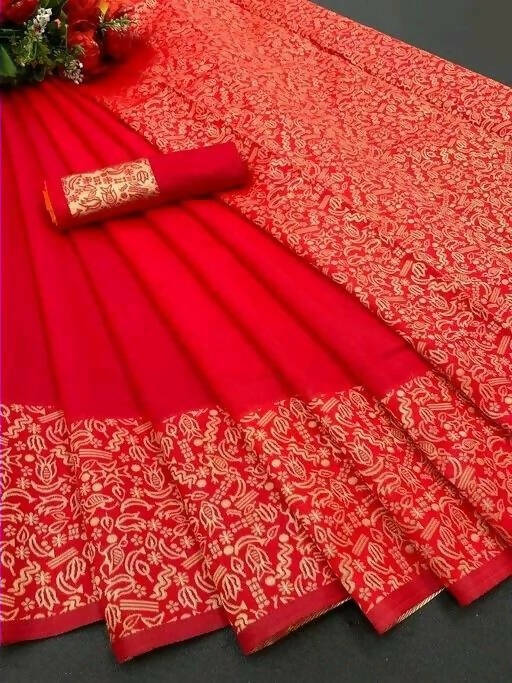 DEIANA'S Beautiful Designer Golden zari Soft Lichi Silk Saree - Red | Grocsy