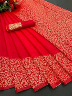 DEIANA'S Beautiful Designer Golden zari Soft Lichi Silk Saree - Red | Grocsy