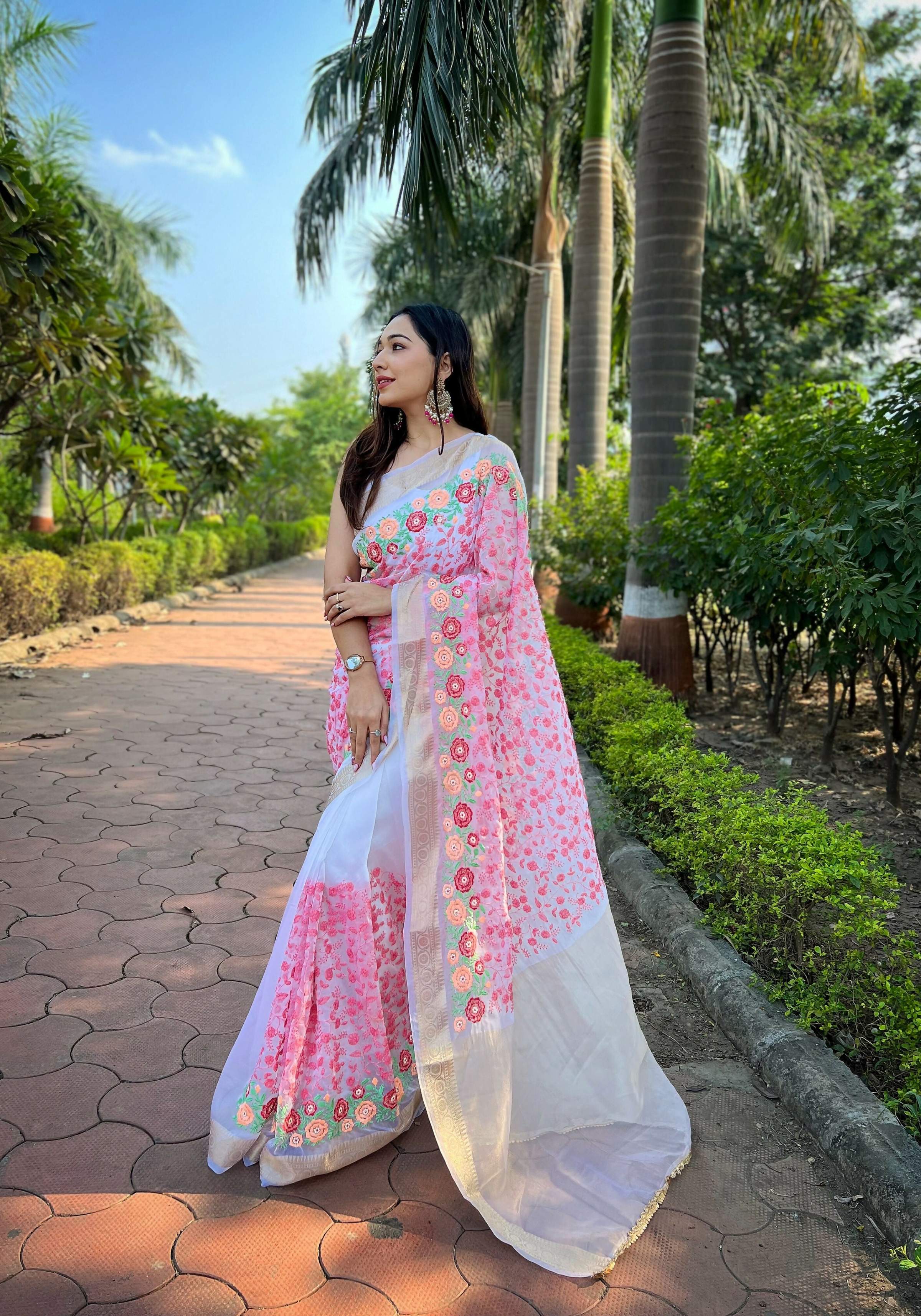 Vamsee Radhika Jaal Pink Organza Silk Saree | Grocsy