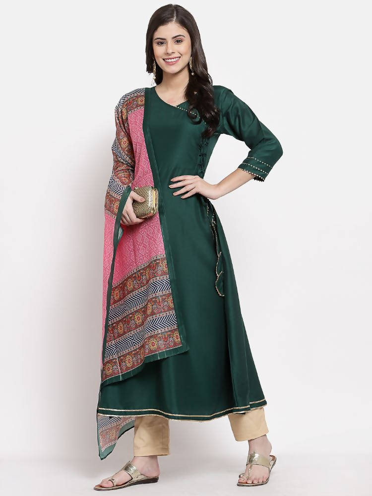 Myshka Women's Green Cotton Solid 3/4 Sleeve V Neck Casual Kurta Dupatta Set | Grocsy