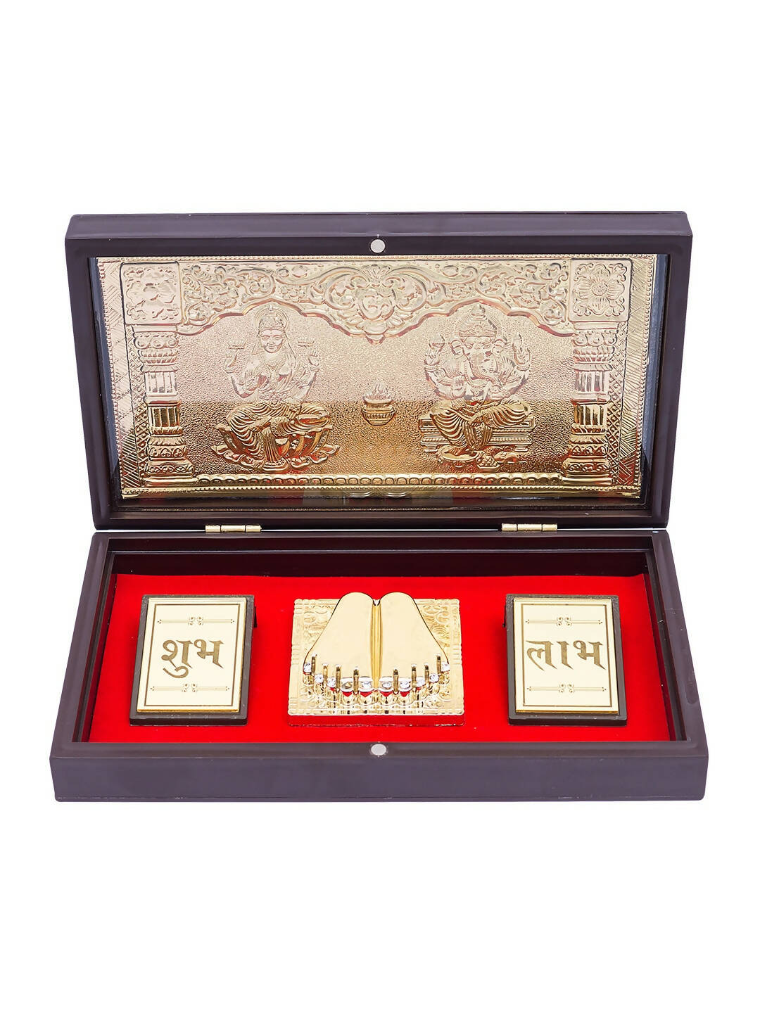 Golden Peacock Brown & Gold-Toned 24 Ct Gold Foil Laxmi And Ganesh Pooja Box | Grocsy