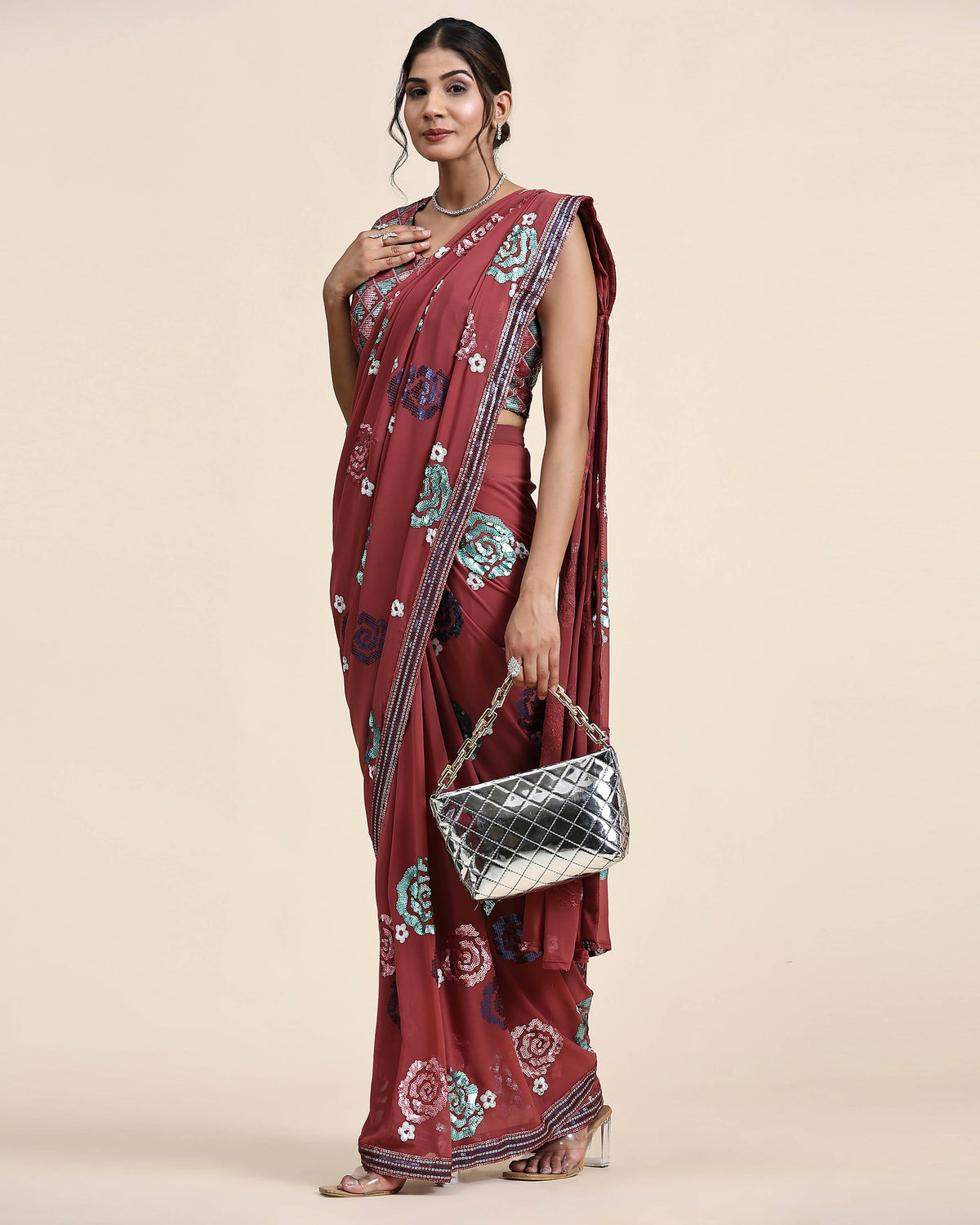 Peach Pure Georgette Sequence work Ready to wear Saree with stitched Blouse - Nirvana | Grocsy
