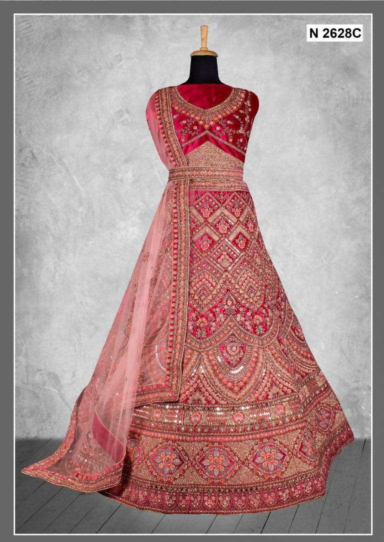 Red Velvet Zardosi Work With Pure Mirror Work Lehenga Choli - Nimaya Tyohar | Grocsy