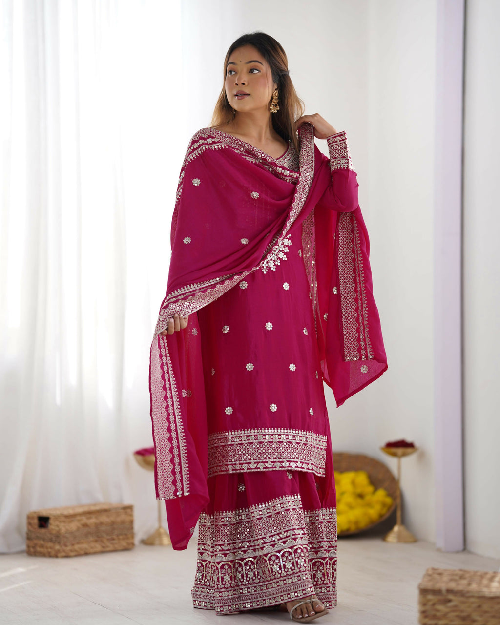 Joban Fashion Pink Kurta Set Silk Sequins , Zari, Coding & Thread Embroidered work | Grocsy