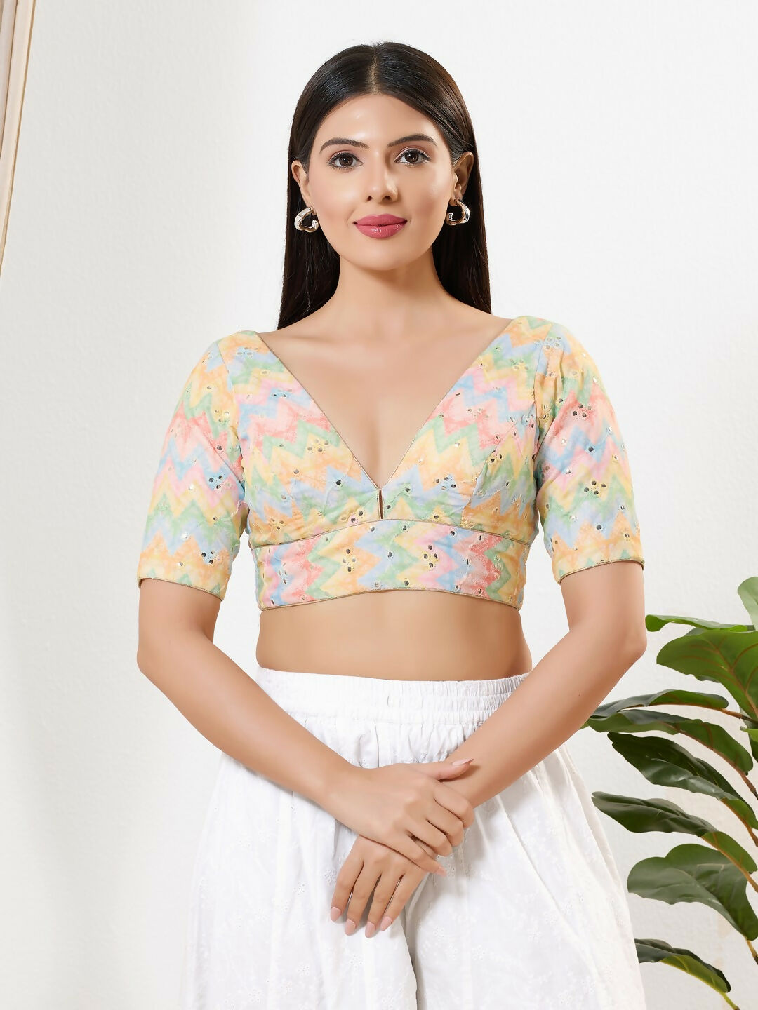 Joban Fashion Multi Silk Padded Blouse With V Neck Elbow Sleeves | Grocsy