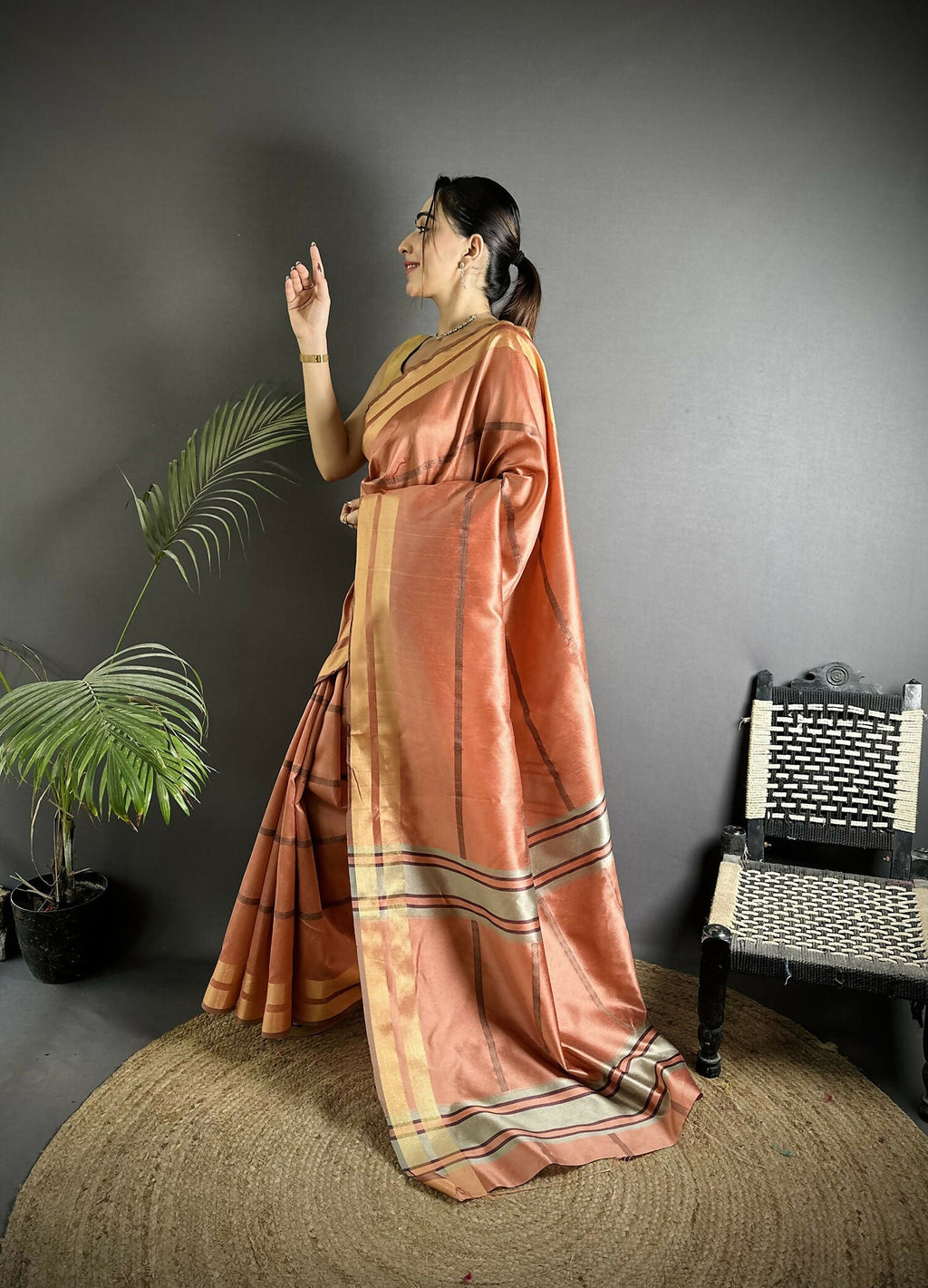 Joban Fashion Peach Woven Pattern Raw Silk Kanjivaram Silk Saree | Grocsy