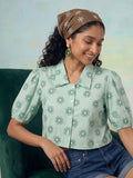 Janasya Sea Green Crop Cotton Top | Grocsy