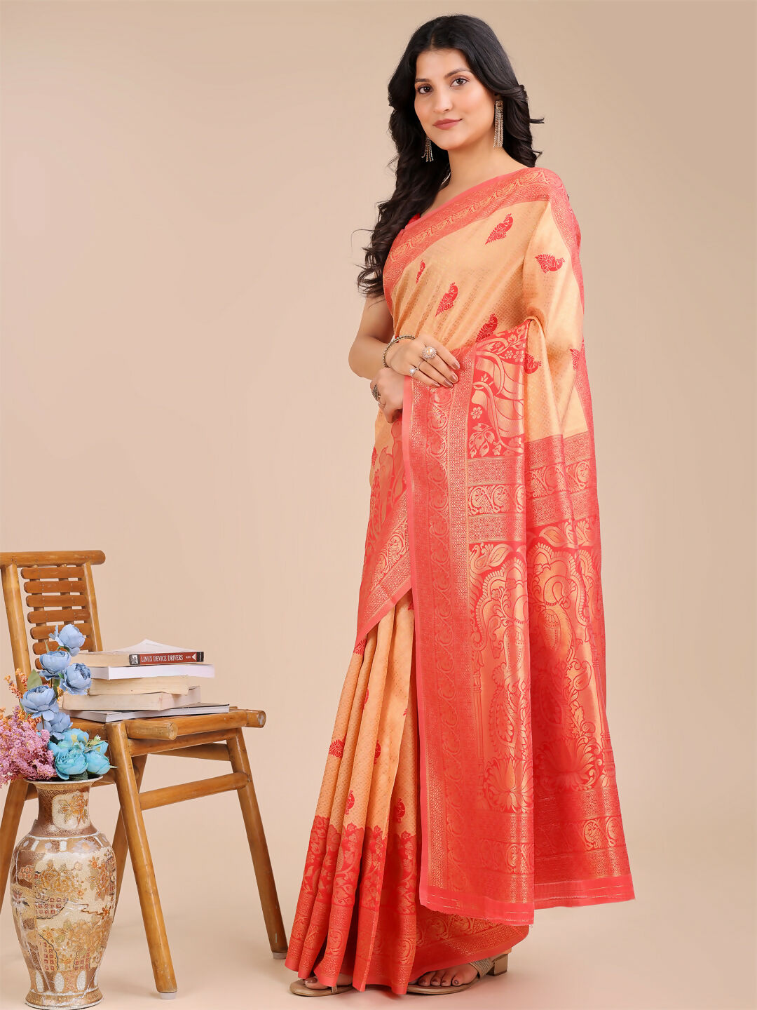 Shree Shyam Fashion Banarasi Silk Cream & Red Saree | Grocsy