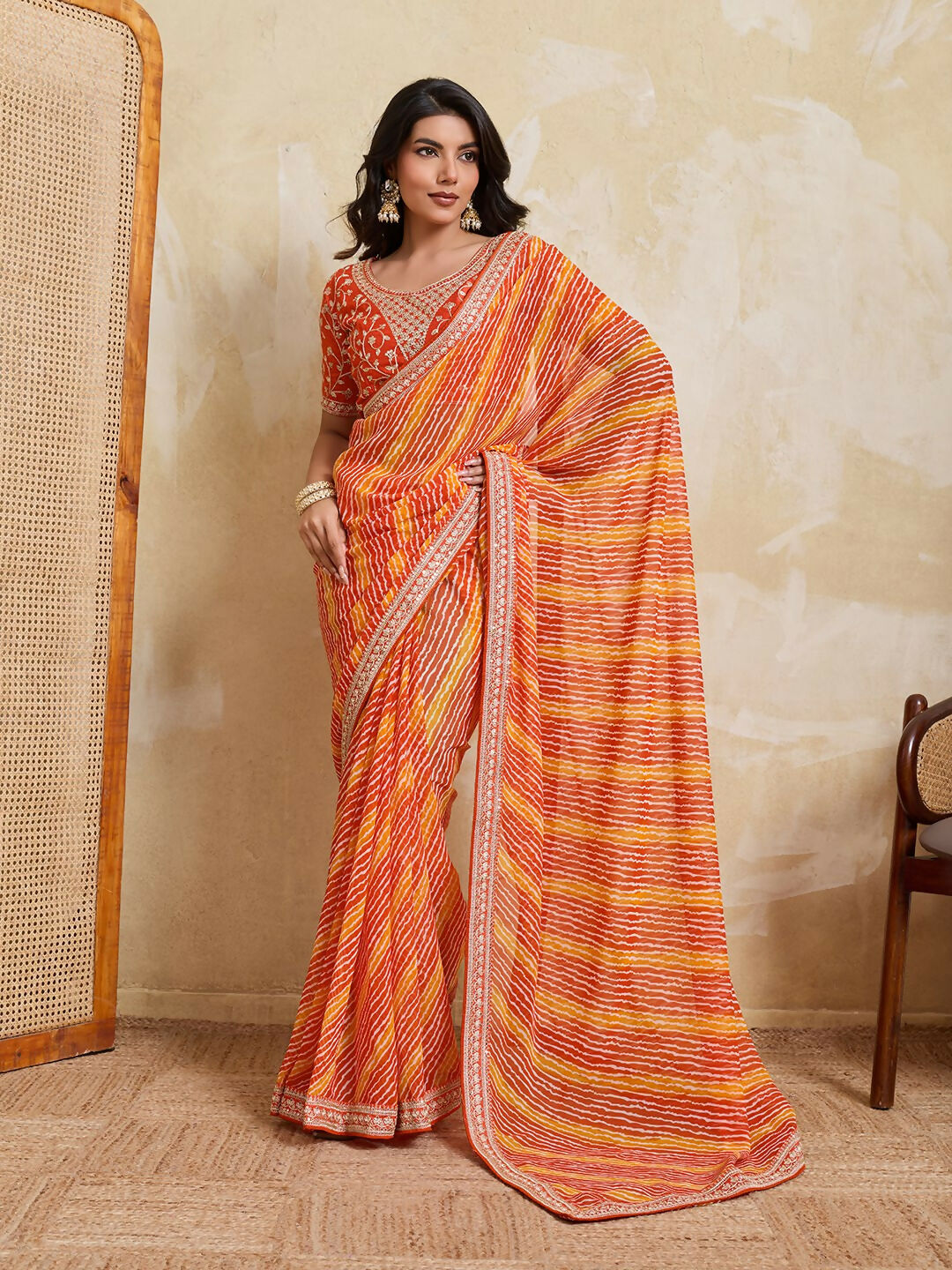 Teeya Creation New Trendy Leheriya Bandhani Georgette Saree For Daily Wear -Orange | Grocsy