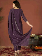 The52 Wine Women's Gorgeous Vichitra Fabric Embroidered Work Straight Kurta Pant and Dupatta Set | Grocsy