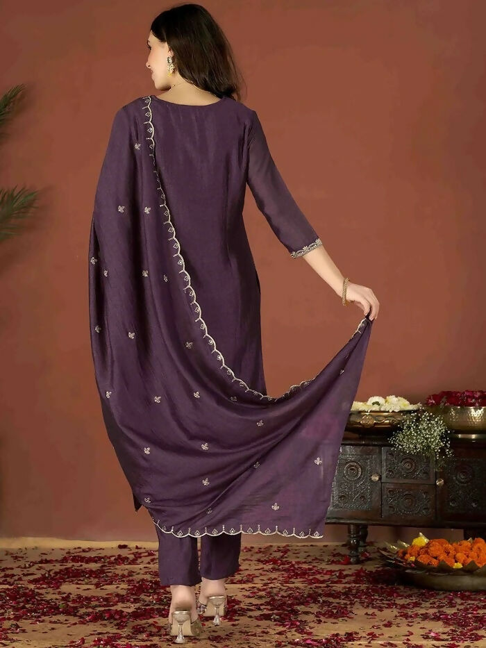 The52 Wine Women's Gorgeous Vichitra Fabric Embroidered Work Straight Kurta Pant and Dupatta Set | Grocsy