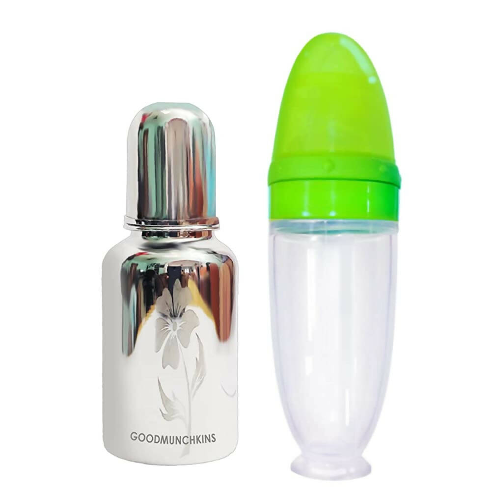 Goodmunchkins Stainless Steel Feeding Bottle with Spoon Food Feeder for Baby Anti Colic Silicon Nipple Feeder 220 ml Combo Pack-Green | Grocsy