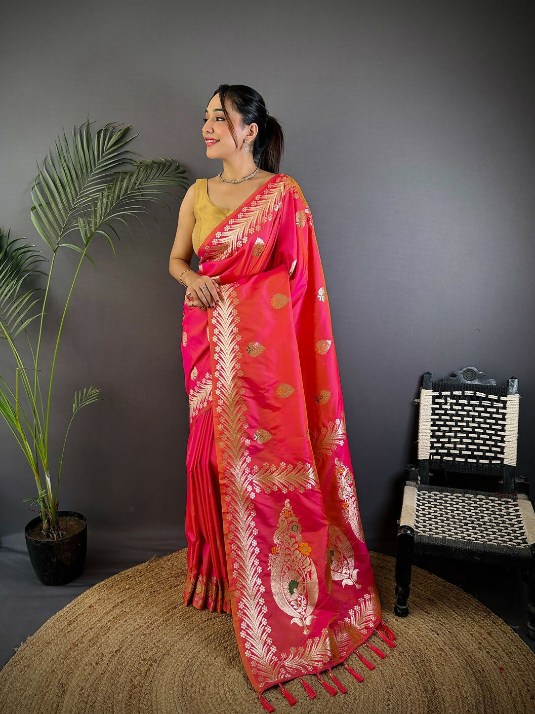 Joban Fashion Banarasi Pink Woven Soft Silk Saree | Grocsy