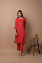 Kaajh Women's Red Solid Sequins Embellished Kurta Pant Set | Grocsy