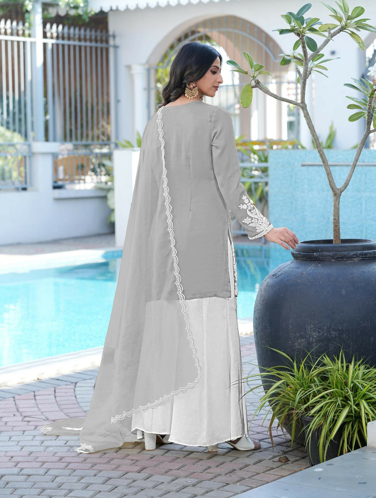 Nikhaar Grey Embroidered Modal Silk Stitched Straight Cut Kurta Kalidar Palazzo Dupatta Readymade Suit | Grocsy