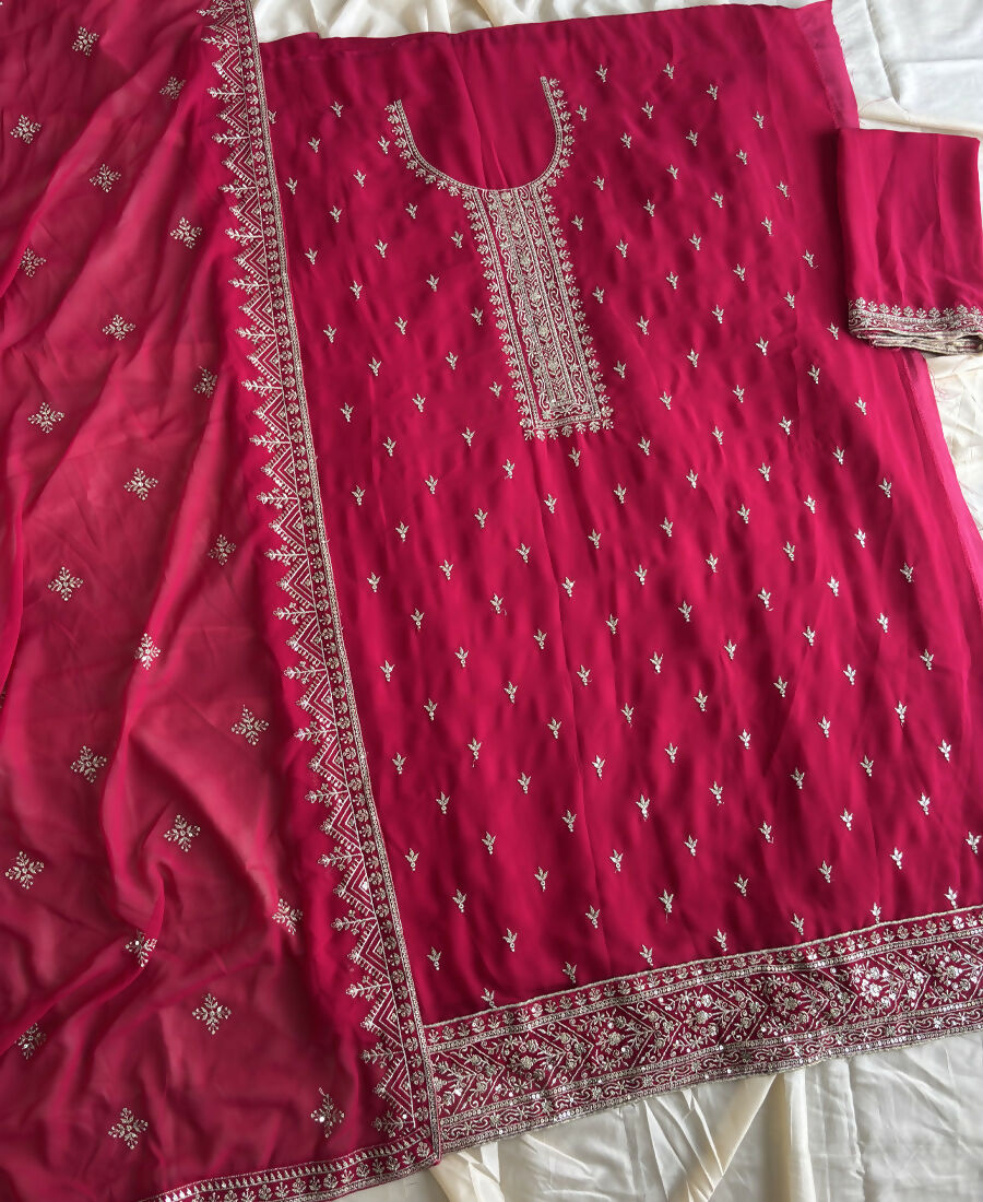 KC Rani Pink Georgette Straight Suit With Heavy Embroidery | Grocsy