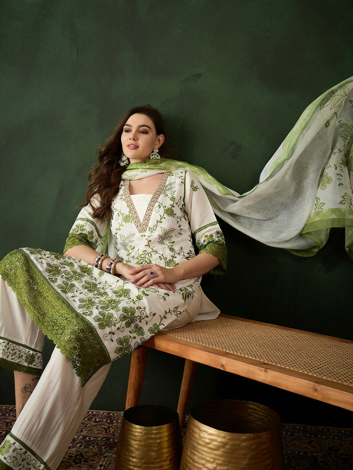 Green & White Roman Silk Embroidered Kurta With Trouser & Dupatta - Bhumi | Grocsy
