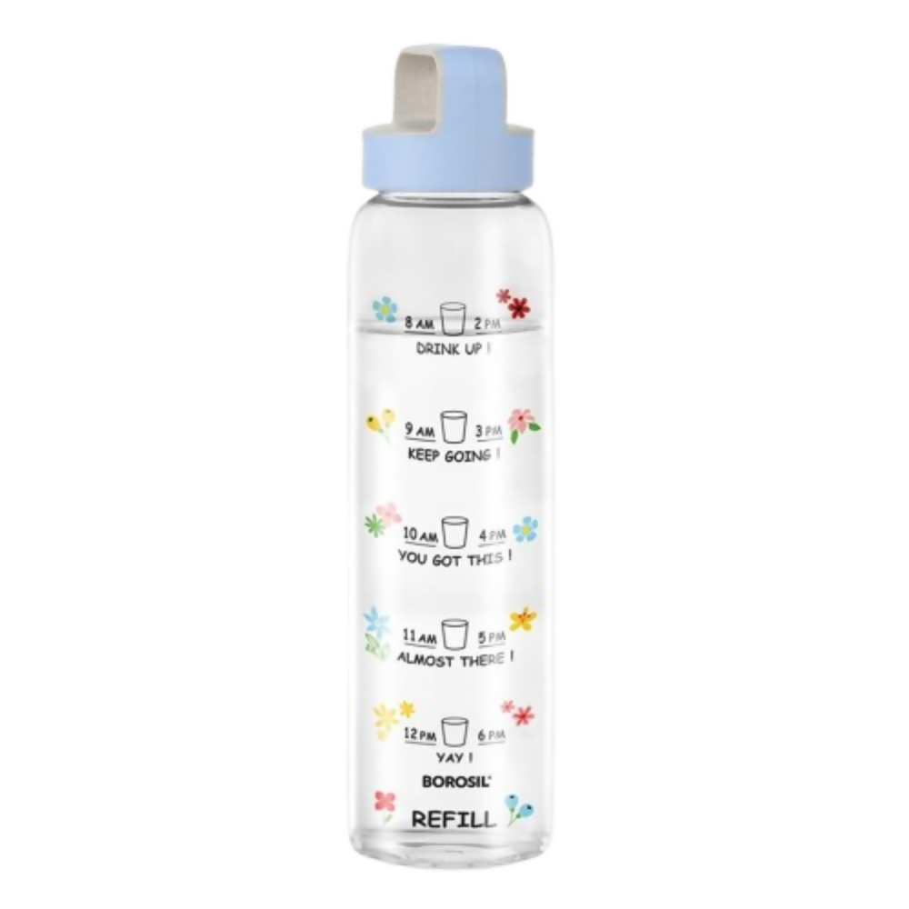 Borosil Neo Motivational Time Marker Bottle with Husk Lid | Grocsy