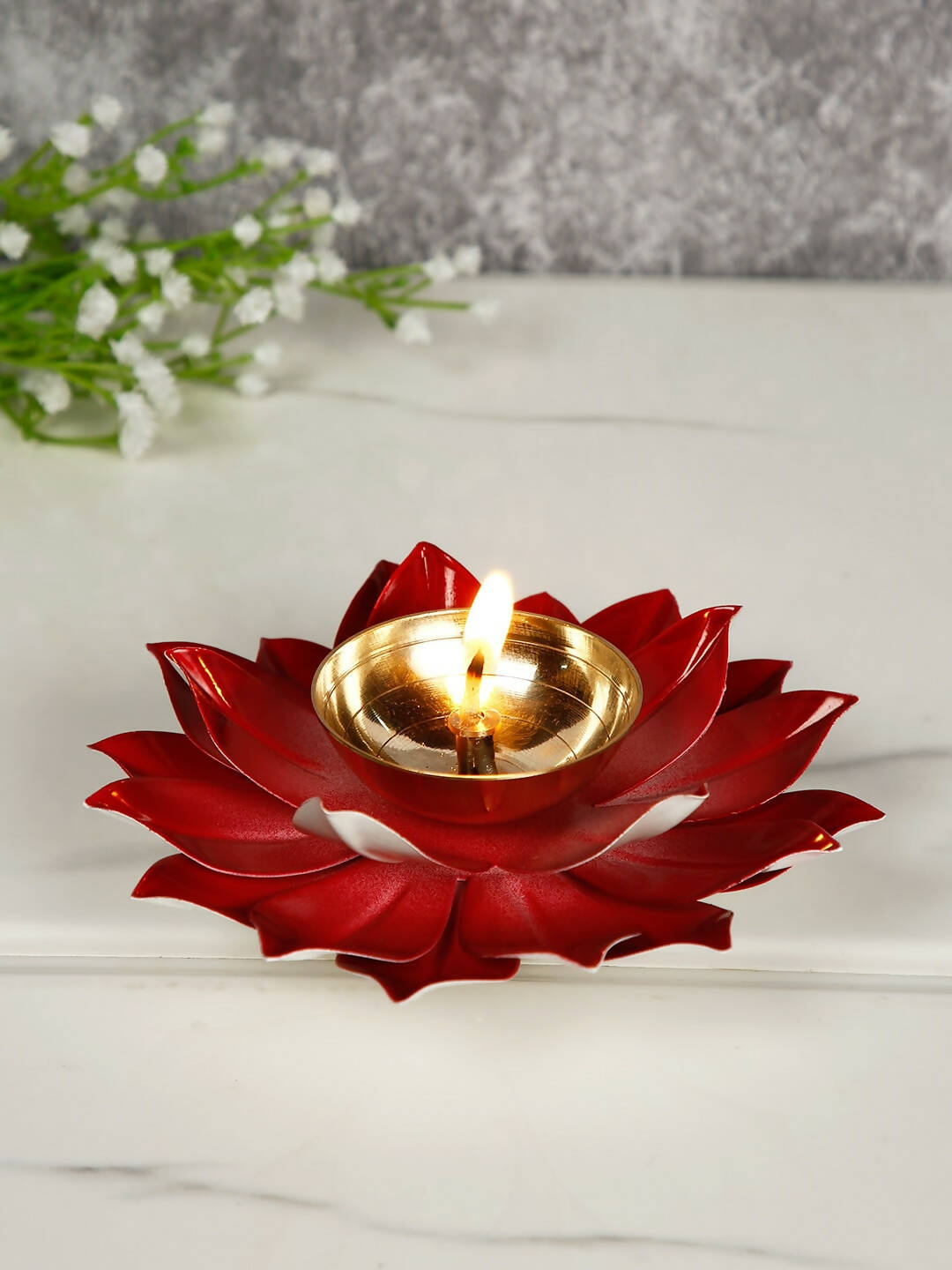 CraftVatika Red Lotus-Shaped Pooja Diya Oil Lamp | Grocsy