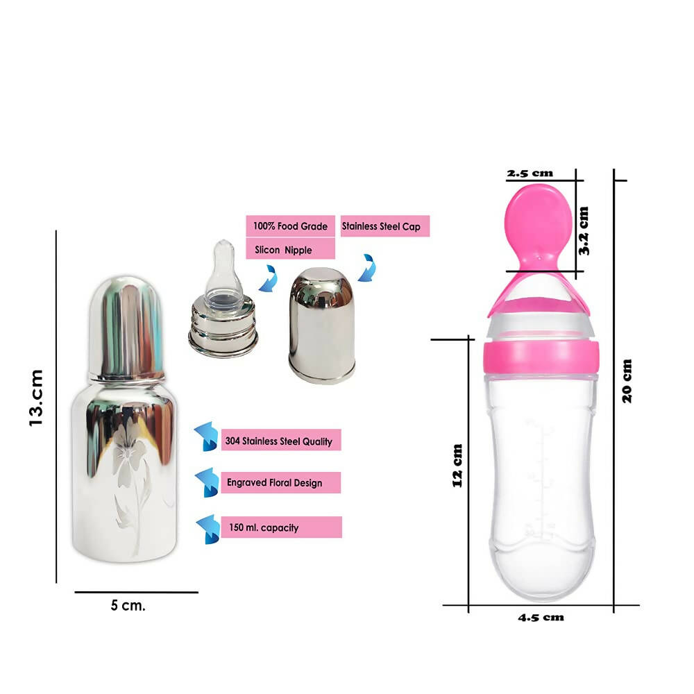 Goodmunchkins Stainless Steel Feeding Bottle & Spoon Food Feeder Anti Colic Silicone Nipple Combo-(Pink,150ml) | Grocsy