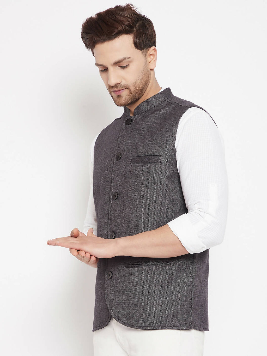 Even Apparels Grey Merino Men Woven Nehru Jacket PW685 | Grocsy