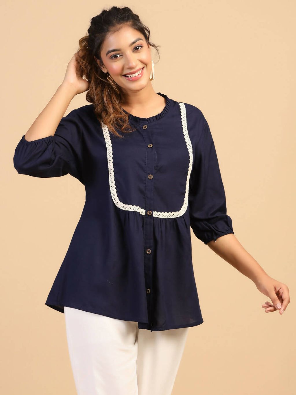 Womens Dark Blue Rayon Solid Top - Keeva | Grocsy