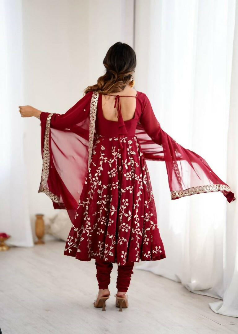 Teeya Creation Maroon Color Heavy Faux Georgette Embroidery Work Gown | Grocsy