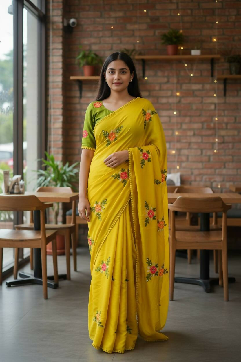 Teeya Creation Yellow Rangoli Silk Embroidery Work Party Wear Designer Saree | Grocsy
