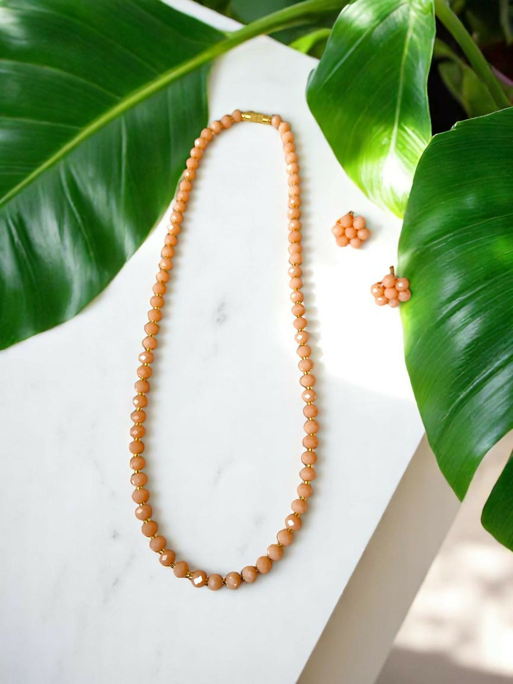Inhanns Crystal Bloom – Single Line Necklace + Studs - Peach | Grocsy