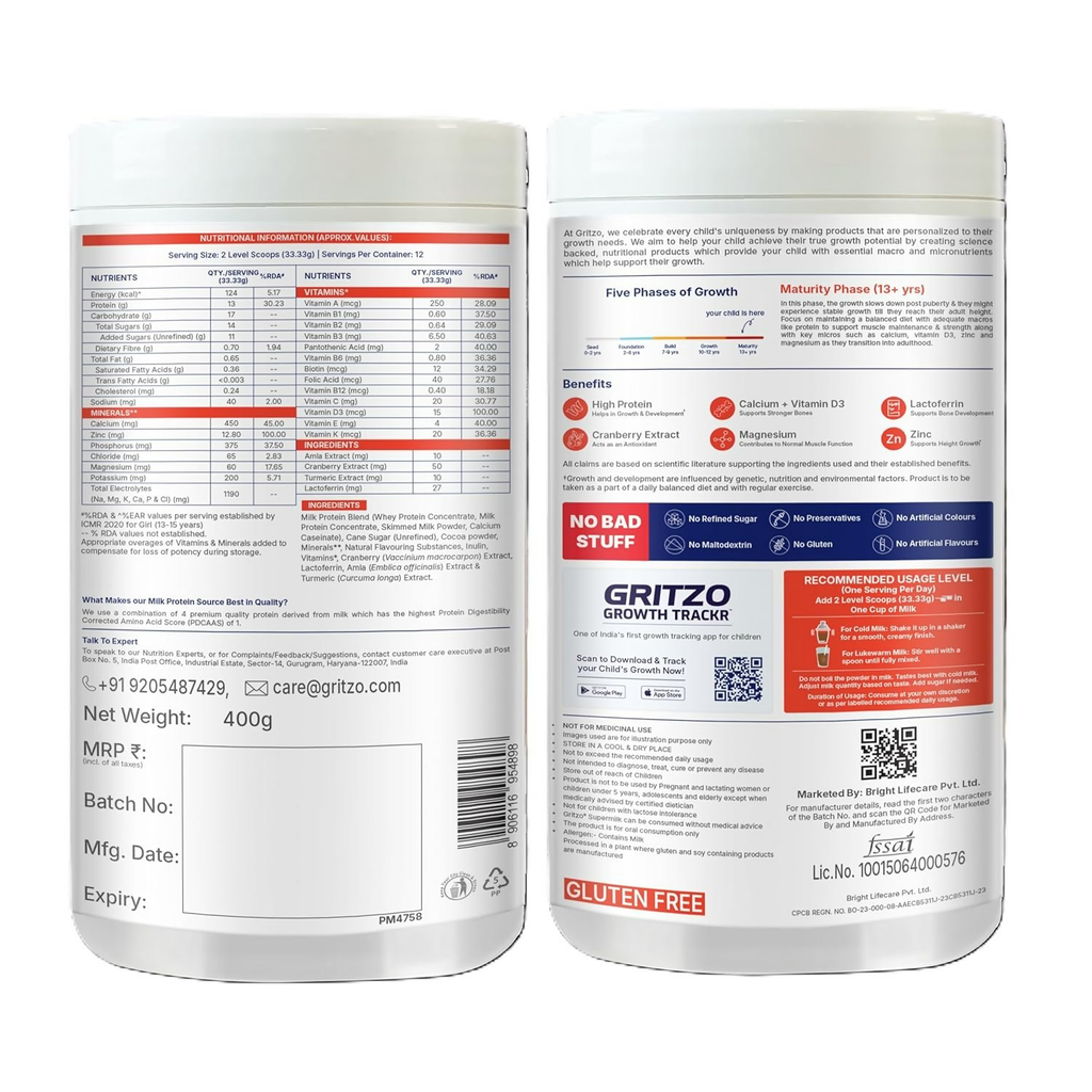 Gritzo SuperMilk Growth+ (Formerly Height+) (13+y Boys & Girls) 13g Protein Powder - Double Chocolate | Grocsy