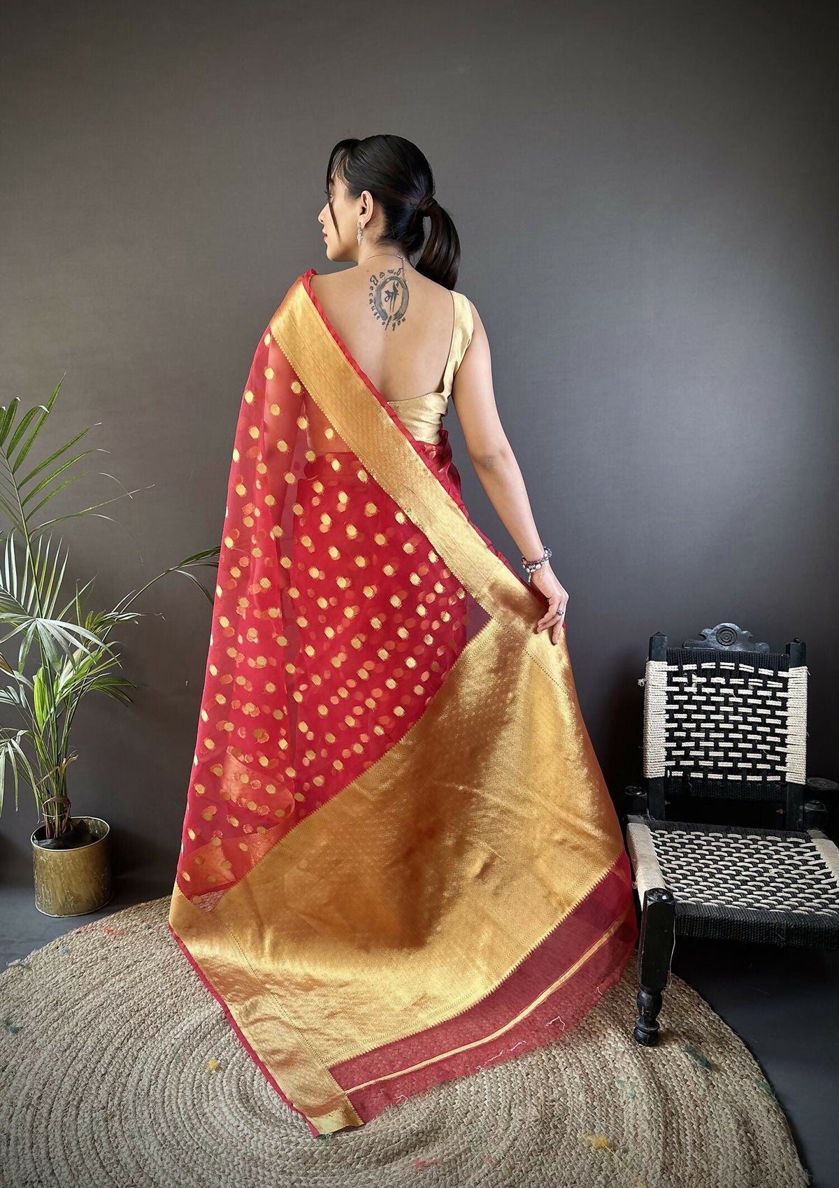 Joban Fashion Red Polka-Dot Zari Woven Organza Silk Banarasi Silk Saree | Grocsy