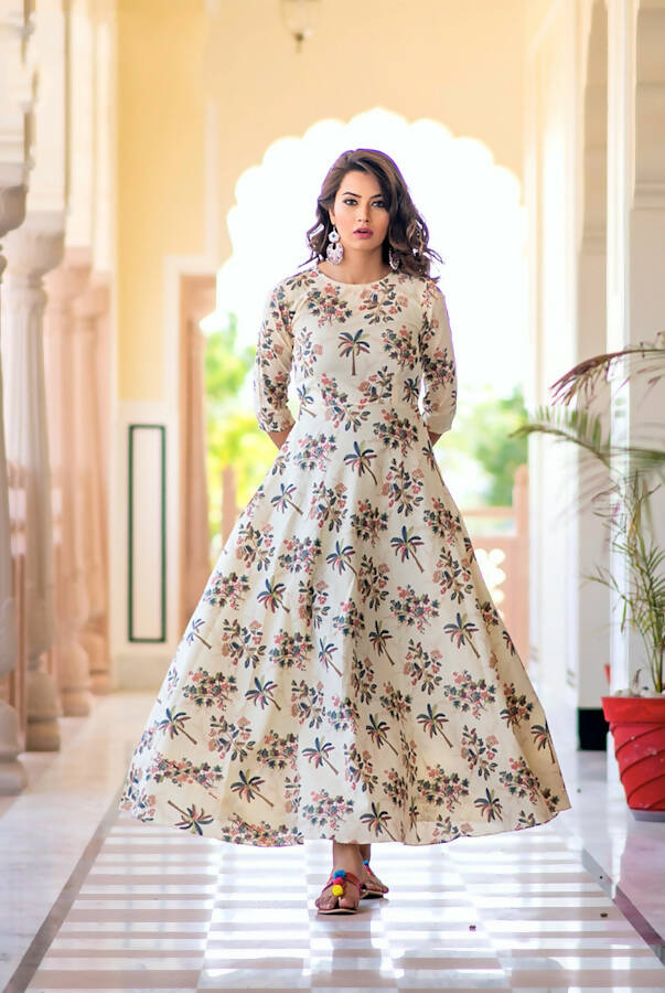 Partywear Designer Cream Pure Maslin Gown - Anbazaar | Grocsy