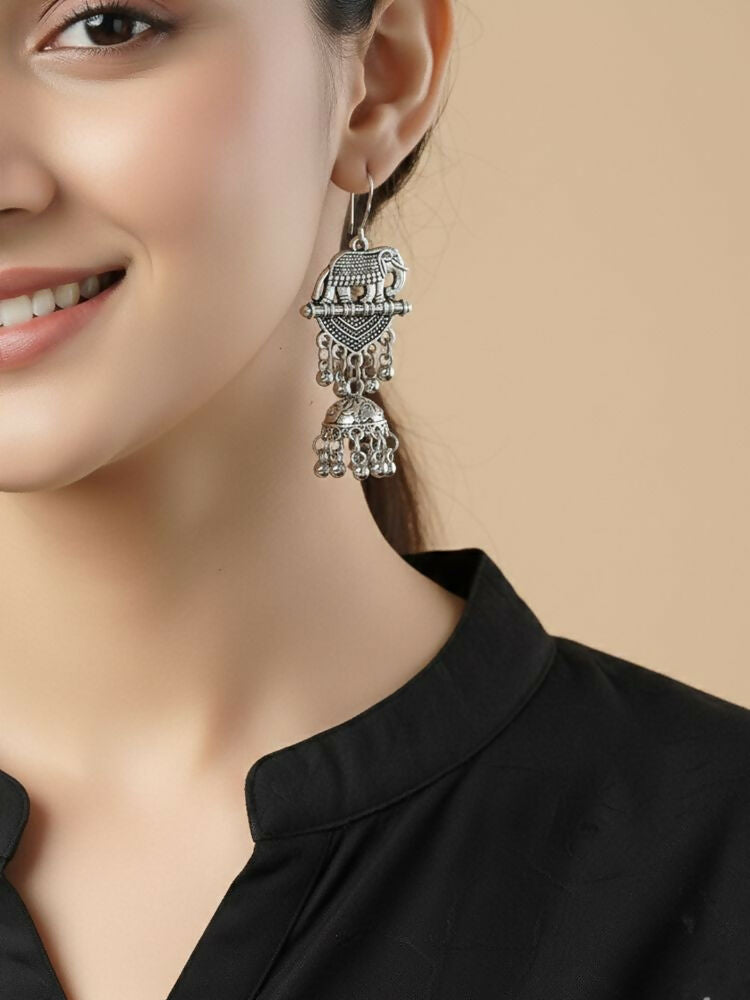 NVR Women Elephant Design German Silver Oxidised Jhumka Earrings | Grocsy