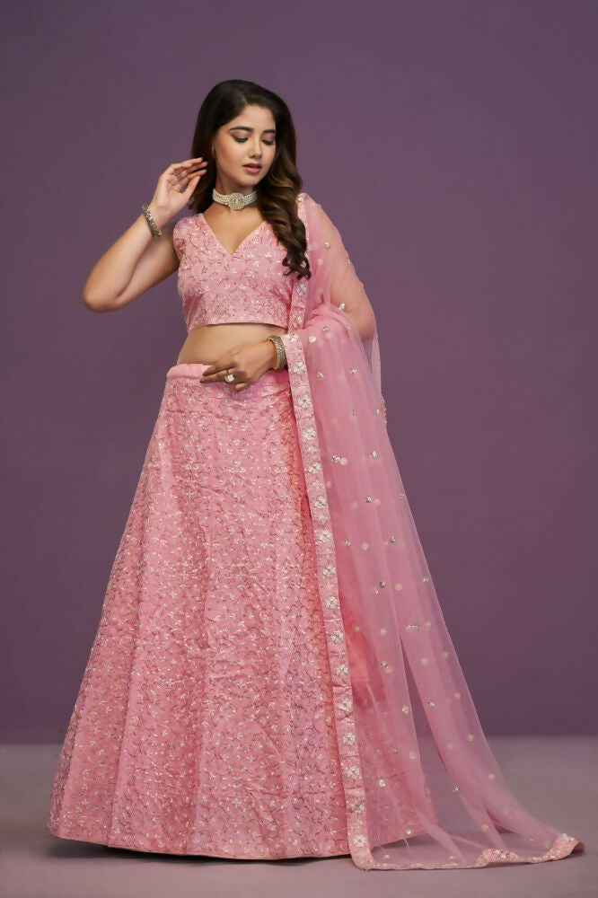 Pink Malai Silk Zari Embroidery Work Lehenga Choli - Jihu Culture | Grocsy