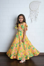Aayaa Designer Printed Chinon Crochet Sequance Kids Lehenga Choli - Yellow | Grocsy