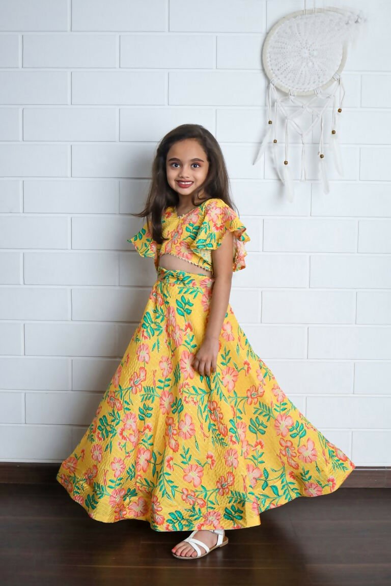 Aayaa Designer Printed Chinon Crochet Sequance Kids Lehenga Choli - Yellow | Grocsy