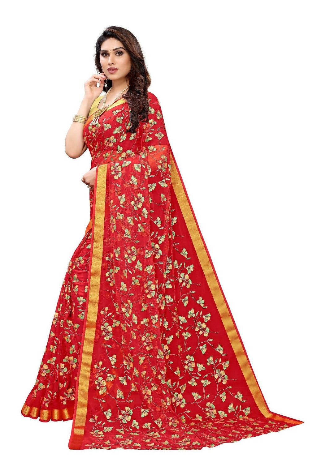 Vamika Red Printed Chiffon Saree (UJALA RED) | Grocsy