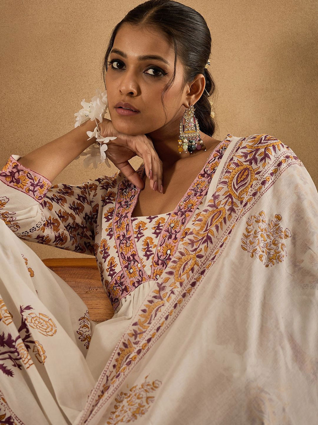Indo Era Women Floral Printed Empire Pure Cotton Kurta with Trousers & With Dupatta | Grocsy