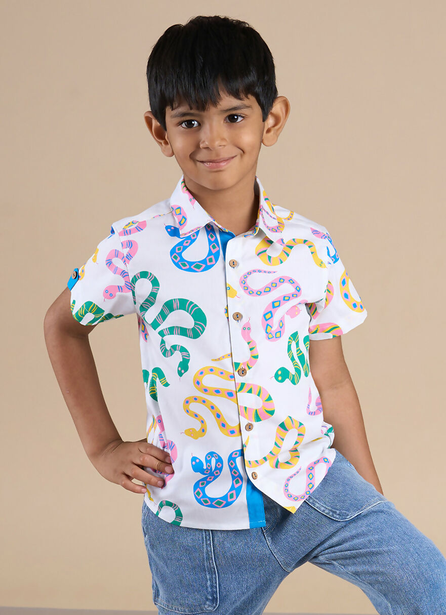 Snakes and Ladders Boys Multi Color Snake Print Shirt from Siblings Collection | Grocsy