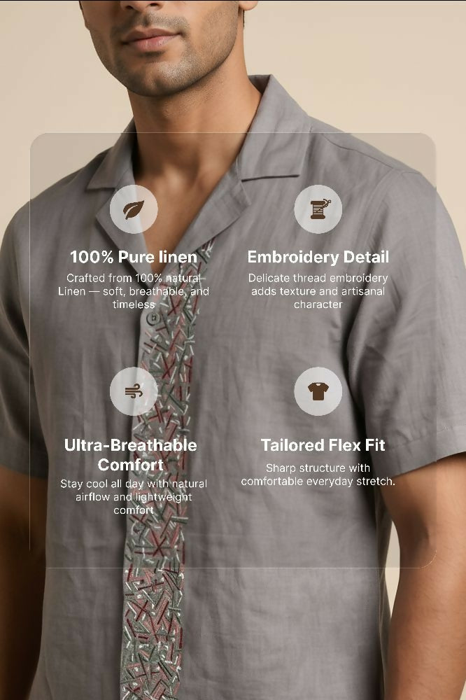 Driftstone — Grey Embroidered Linen Shirt by Hilo Design | Grocsy
