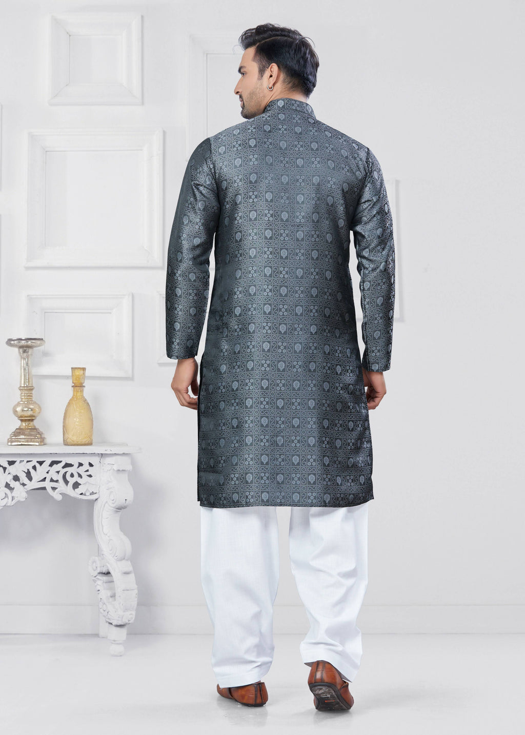 Joban Fashion Men's Jacquard Silk Grey Printed Kurta Pyjama set | Grocsy
