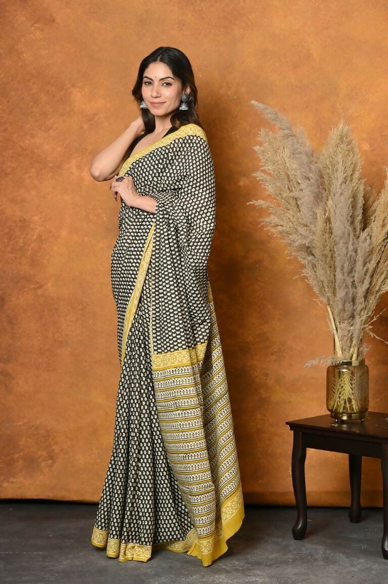 Very Much Indian Handblock Printed Cotton Saree With Natural Dyes - Black & White | Grocsy