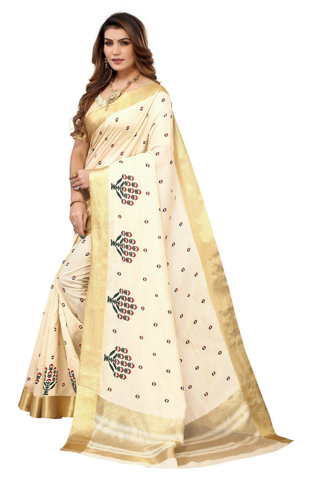 Vamika Cream Weaving Cotton Polyester Silk Saree | Grocsy